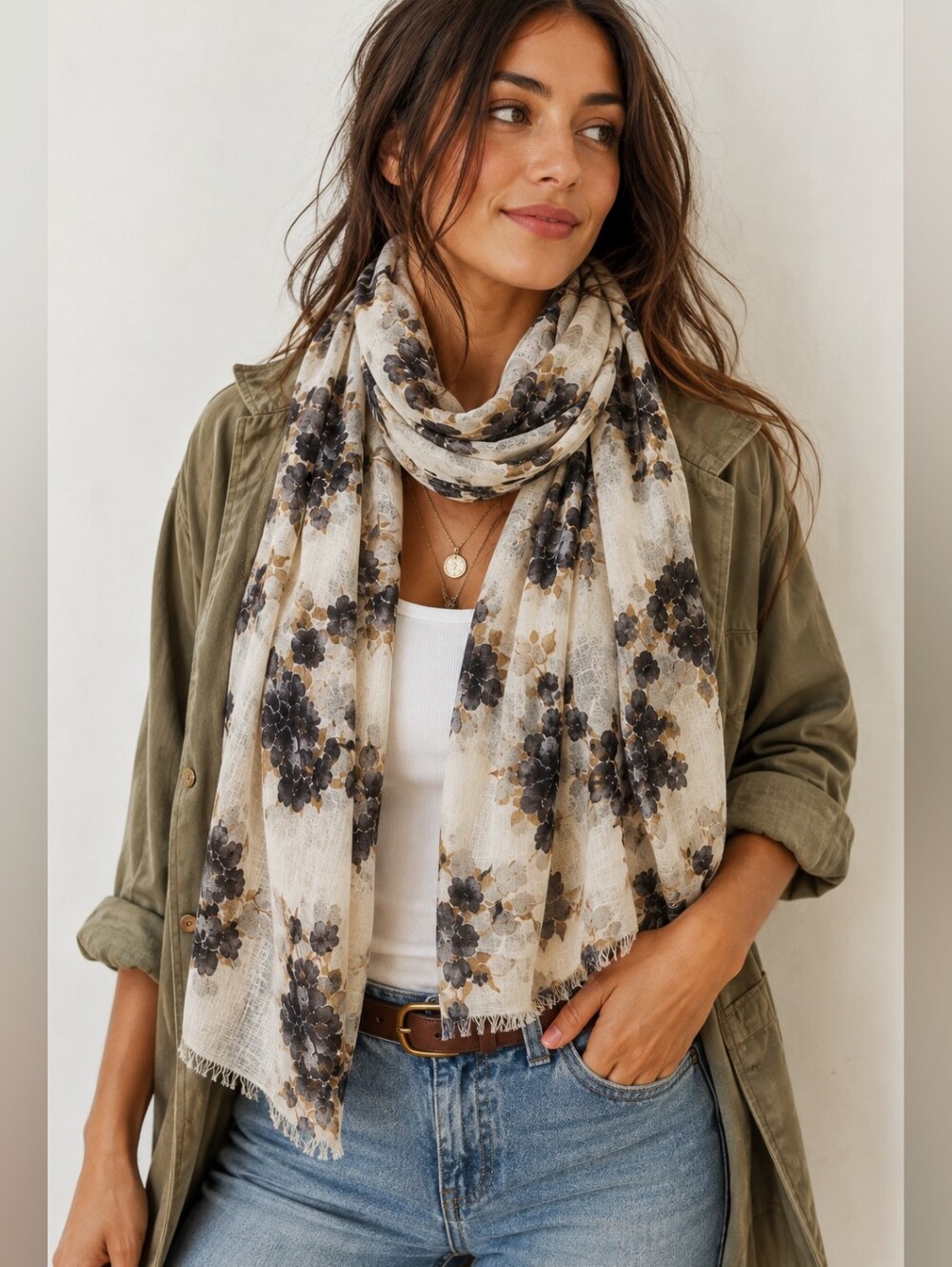 Gianfranco Ferre Floral Scarf Made In Italy Wool Blend Ultra Soft Quiet Luxury